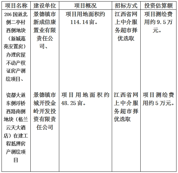 景德鎮(zhèn)市206國道北側(cè)二亭村西側(cè)地塊（新城嘉苑安置房）辦理房屋不動產(chǎn)權(quán)證房產(chǎn)測繪項目、瓷都大道東側(cè)浮橋西路南側(cè)地塊（格蘭云天大酒店）在建工程抵押房產(chǎn)測繪項目計劃公告
