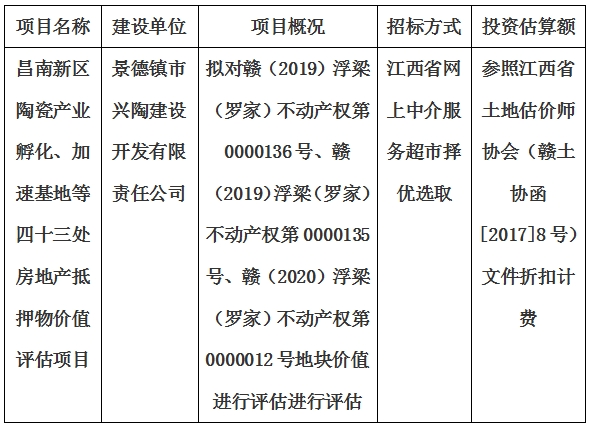 昌南新區(qū)陶瓷產(chǎn)業(yè)孵化、加速基地等四十三處房地產(chǎn)抵押物價(jià)值評估單位選取計(jì)劃公告