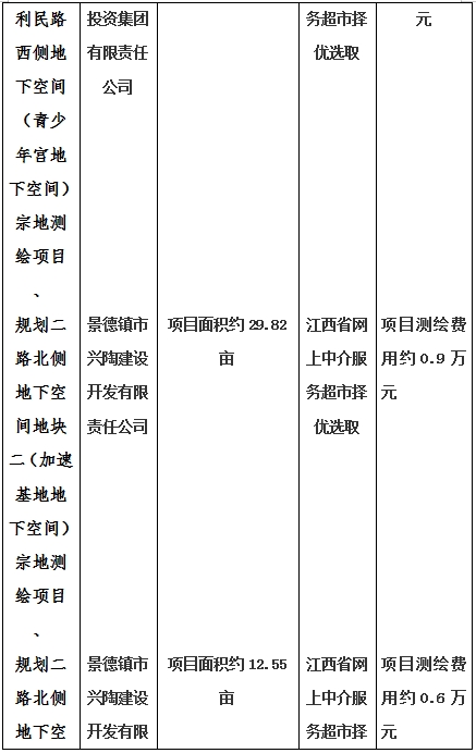 景德鎮(zhèn)市昌南新區(qū)LJ1-03-A01-1地塊、瓷都大道東側(cè)中渡口地下空間（格蘭云天大酒店地下空間）、光明大道北側(cè)利民路西側(cè)地下空間（青少年宮地下空間）、規(guī)劃二路北側(cè)地下空間地塊二（加速基地地下空間）、規(guī)劃二路北側(cè)地下空間地塊一（加速基地地下空間）、景德大道南側(cè)天寶橋西側(cè)地塊、景興大道東側(cè)如意路北側(cè)地下空間(社會公共服務(wù)