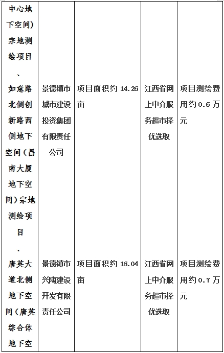 景德鎮(zhèn)市昌南新區(qū)LJ1-03-A01-1地塊、瓷都大道東側(cè)中渡口地下空間（格蘭云天大酒店地下空間）、光明大道北側(cè)利民路西側(cè)地下空間（青少年宮地下空間）、規(guī)劃二路北側(cè)地下空間地塊二（加速基地地下空間）、規(guī)劃二路北側(cè)地下空間地塊一（加速基地地下空間）、景德大道南側(cè)天寶橋西側(cè)地塊、景興大道東側(cè)如意路北側(cè)地下空間(社會公共服務(wù)