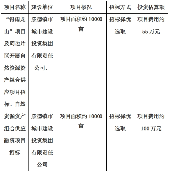 景德鎮(zhèn)市“得雨龍山”項(xiàng)目及周邊片區(qū)開(kāi)展自然資源資產(chǎn)組合供應(yīng)項(xiàng)目、自然資源資產(chǎn)組合供應(yīng)融資項(xiàng)目招標(biāo)計(jì)劃公告